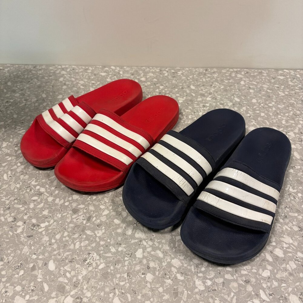 Set of 2!! Adidas Adilette Slide Sandals, White/Navy & White/Red, M8 W10